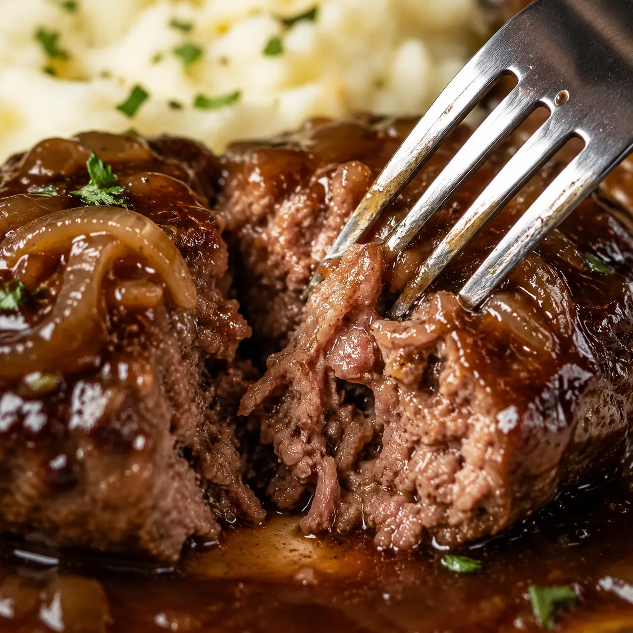 Close-up of tender hamburger steak with onion gravy on a fork