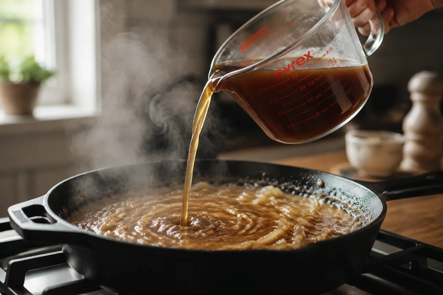 Pouring beef broth into onions to make hamburger steak gravy