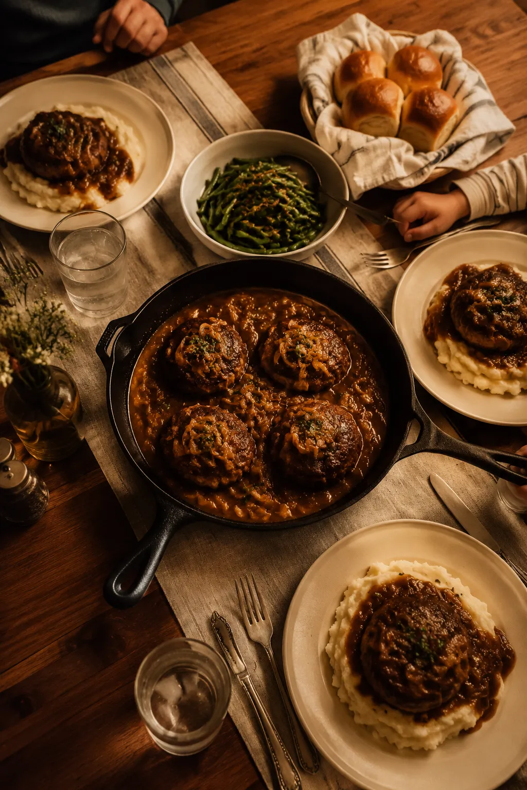 Hamburger steak dinner served family-style with mashed potatoes and sides