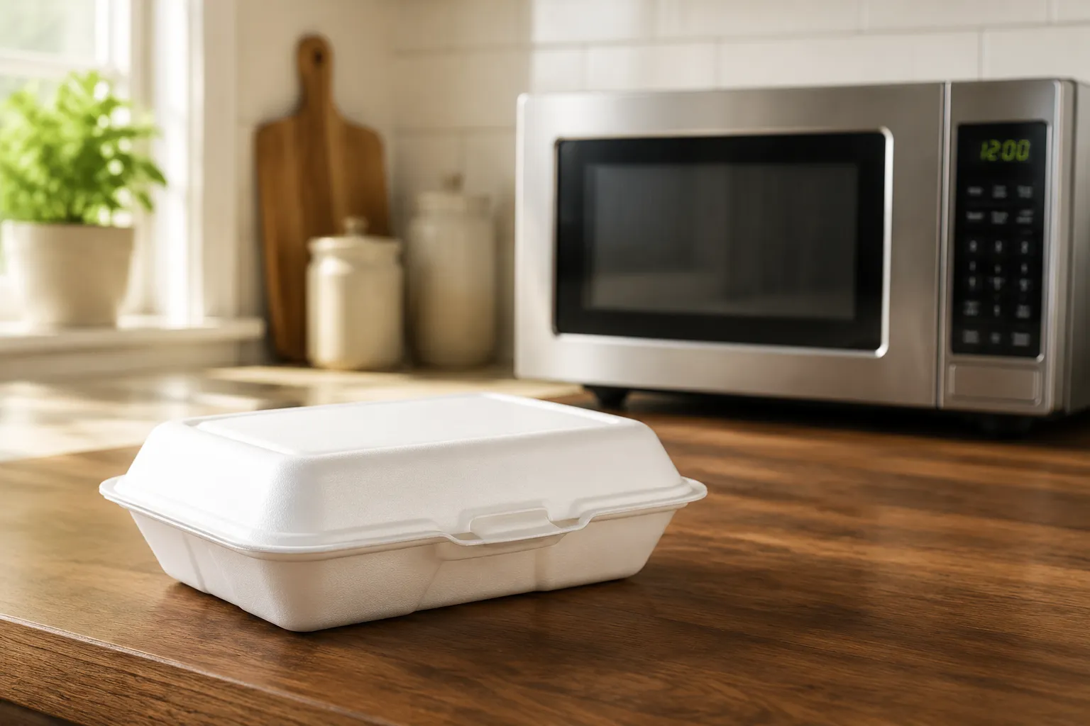 White foam takeout container on counter beside microwave