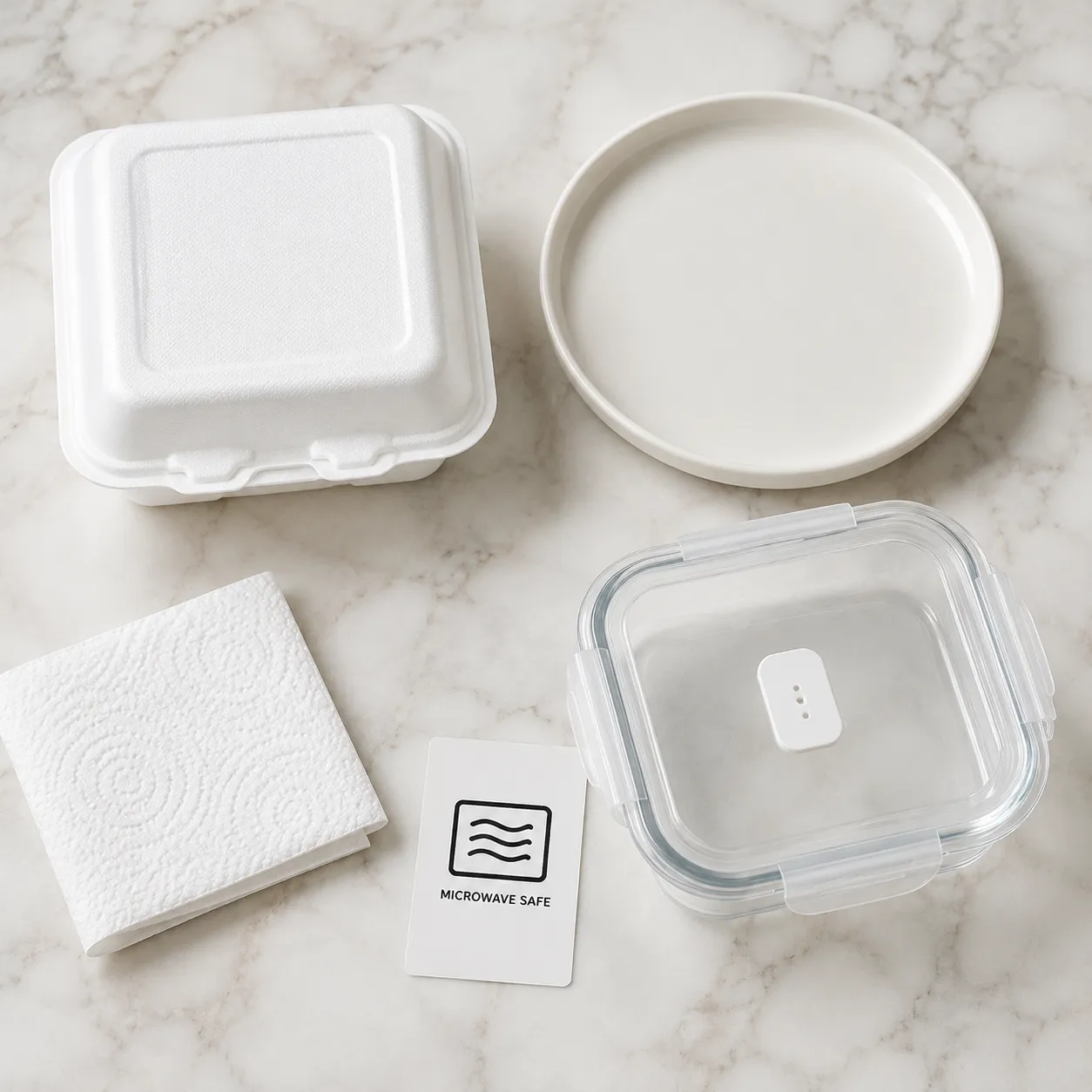 Microwave-safe containers and foam takeout box flatlay for safe reheating