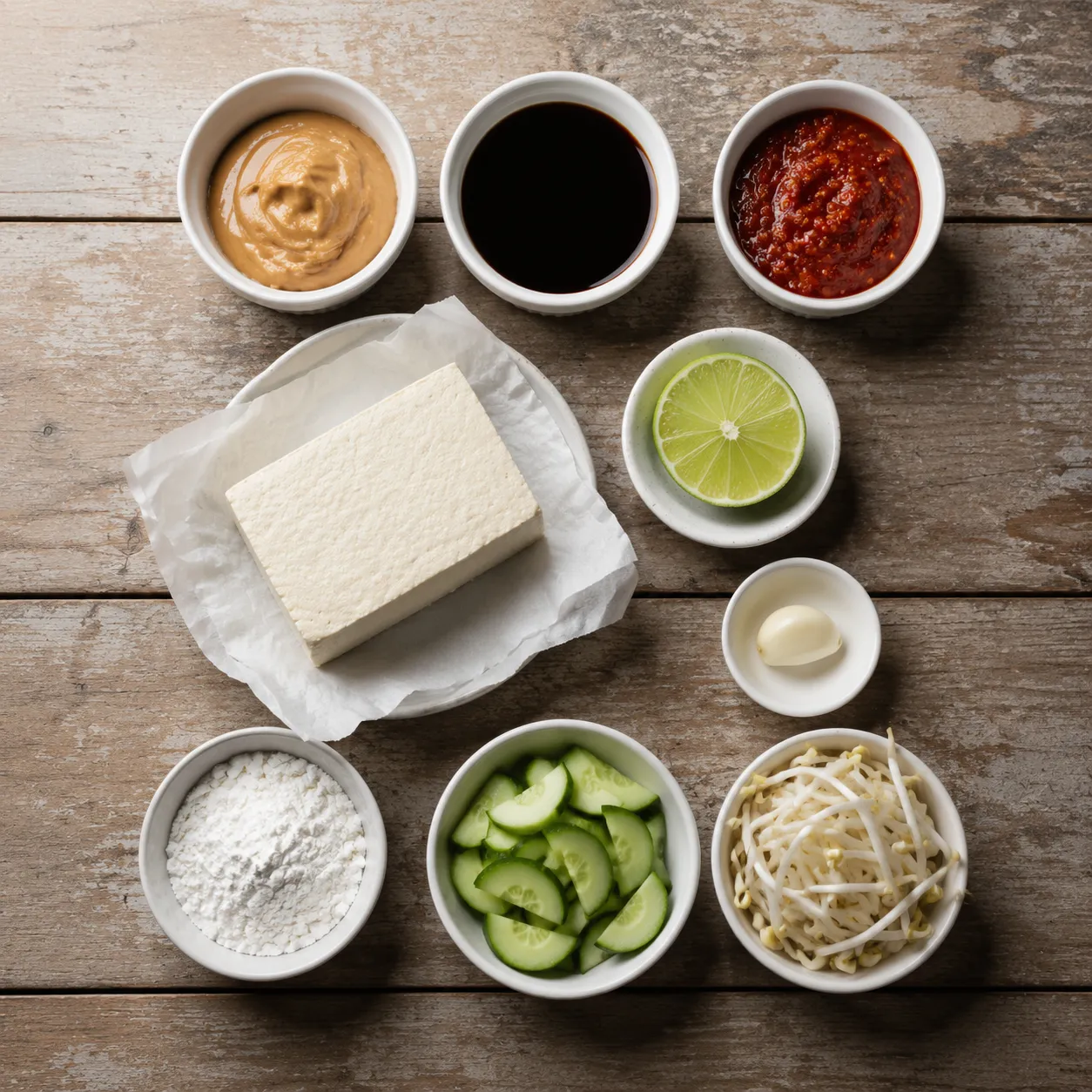Tauhu recipe ingredients flatlay with firm tofu, peanut butter, sambal, and kecap manis