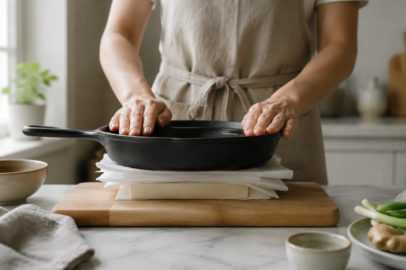 Pressing firm tofu for a crispy tauhu recipe