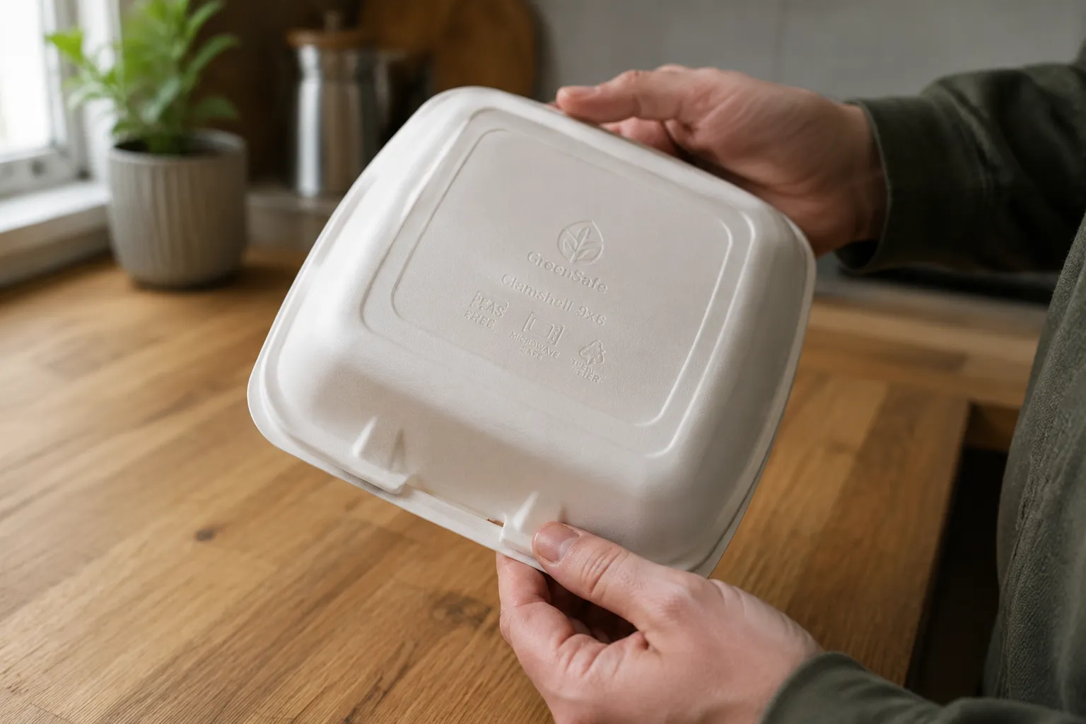 Hands checking the bottom of a foam container for a microwave-safe symbol
