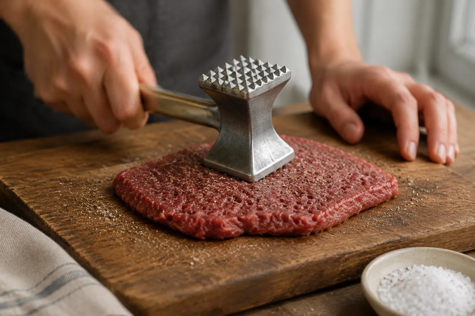 Hands tenderizing cube steak for a chicken fried steak recipe