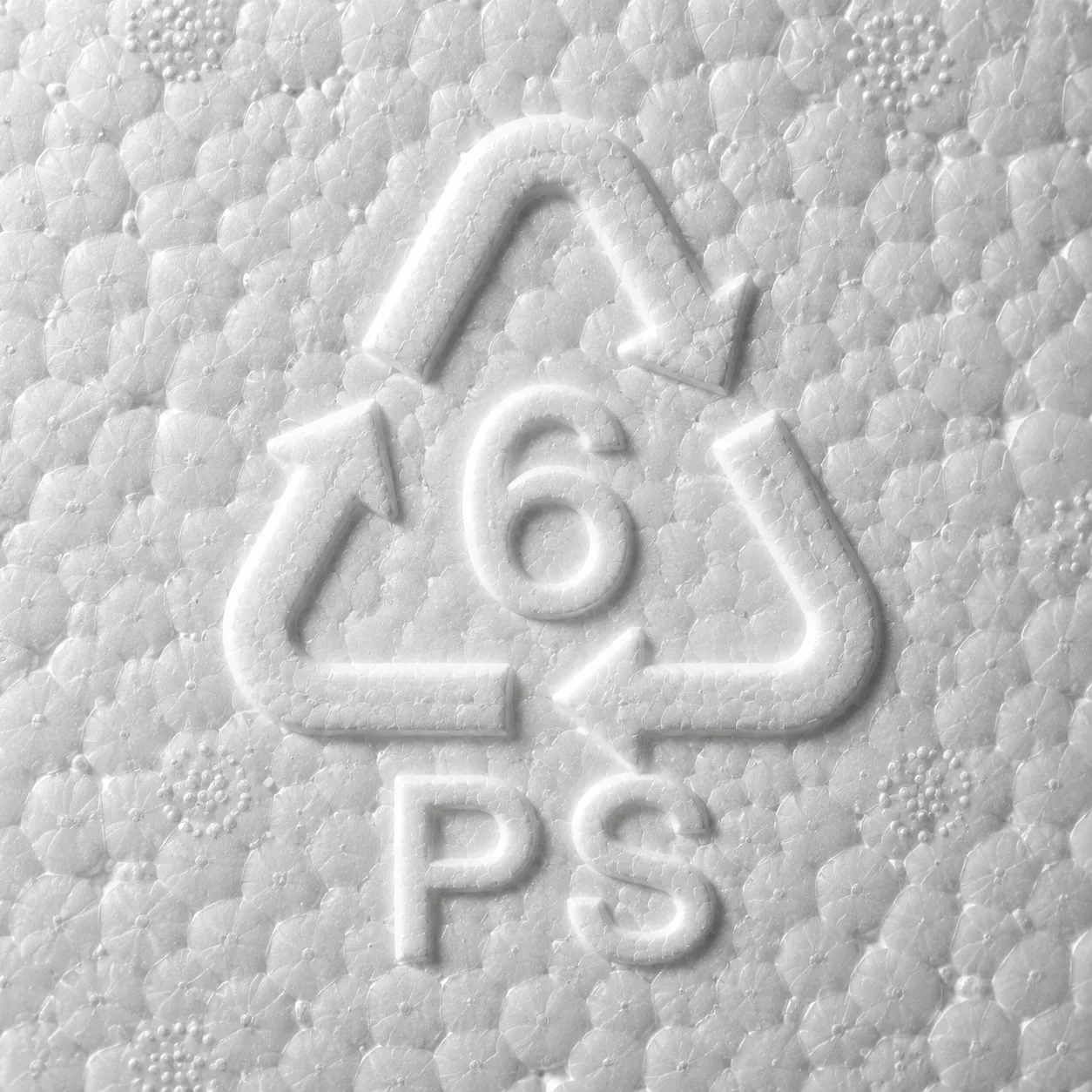 Resin code 6 PS symbol on the bottom of a polystyrene foam takeout container