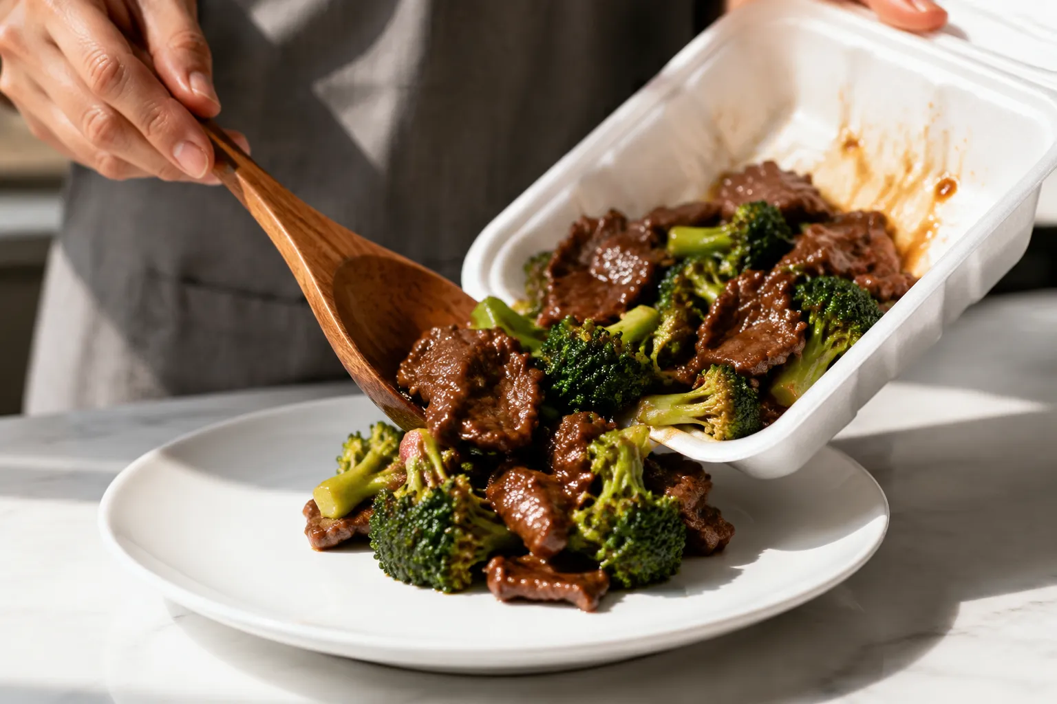 Transferring takeout leftovers from foam container to a microwave-safe ceramic plate
