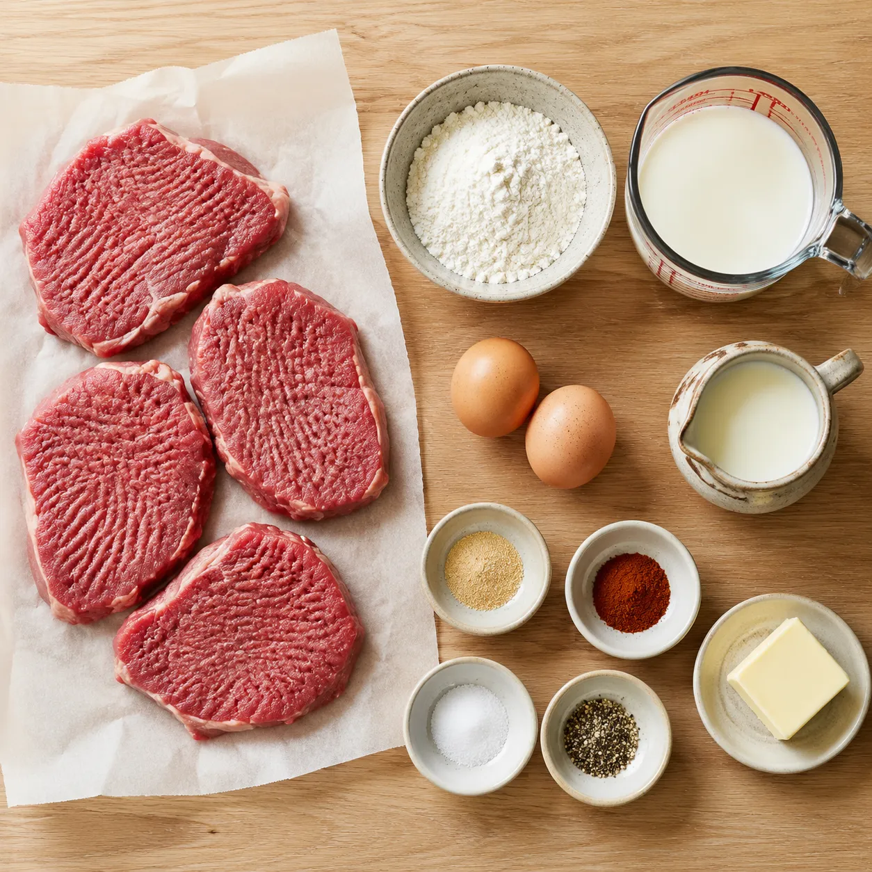Ingredients for country fried steak recipe arranged on a wooden board