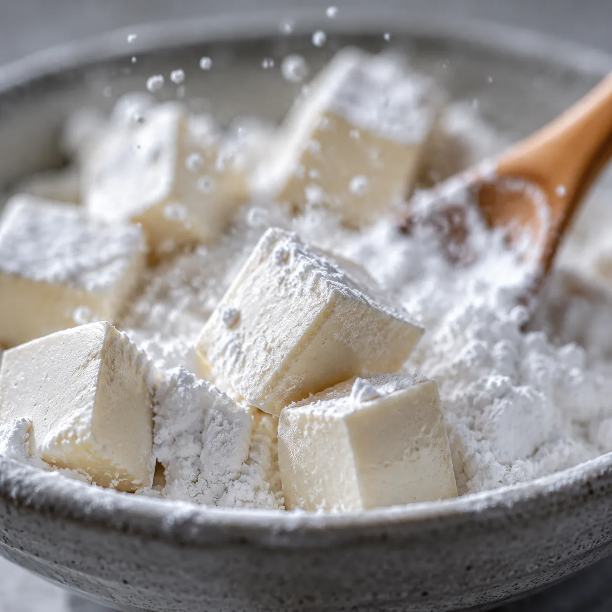 Coating tofu cubes in cornstarch for crispy tauhu