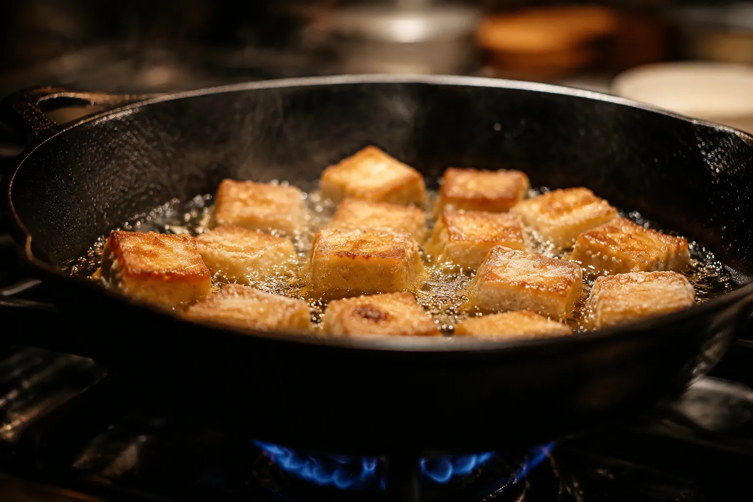 Pan-frying tauhu until crispy and golden