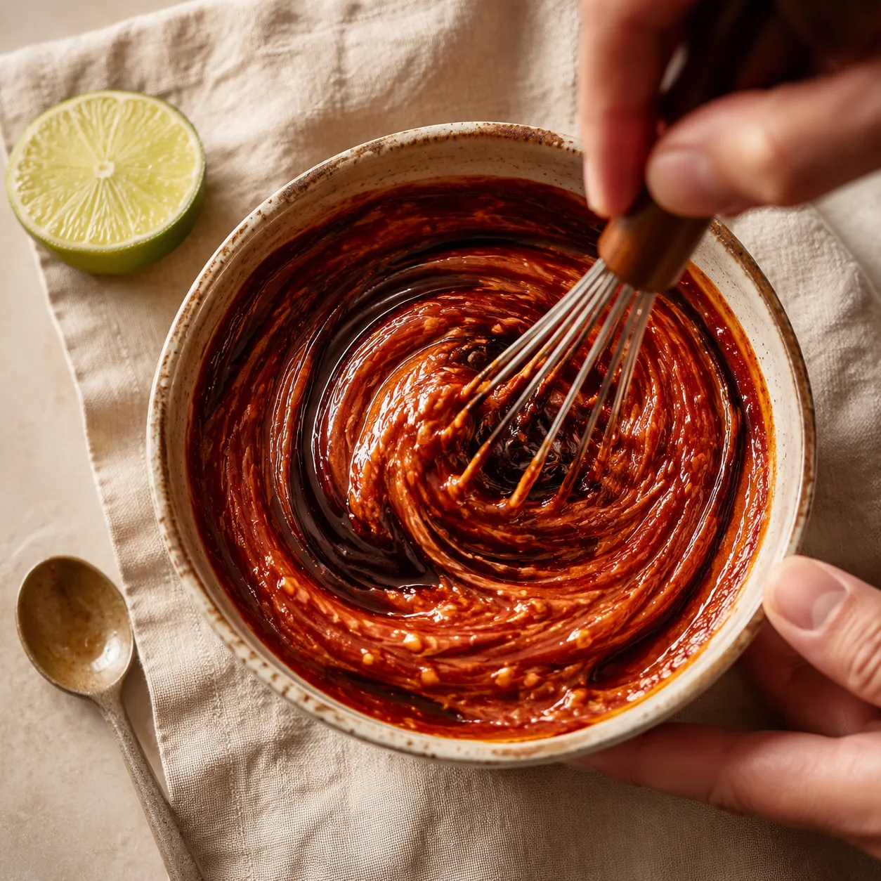 Whisking peanut chili sauce for tauhu recipe