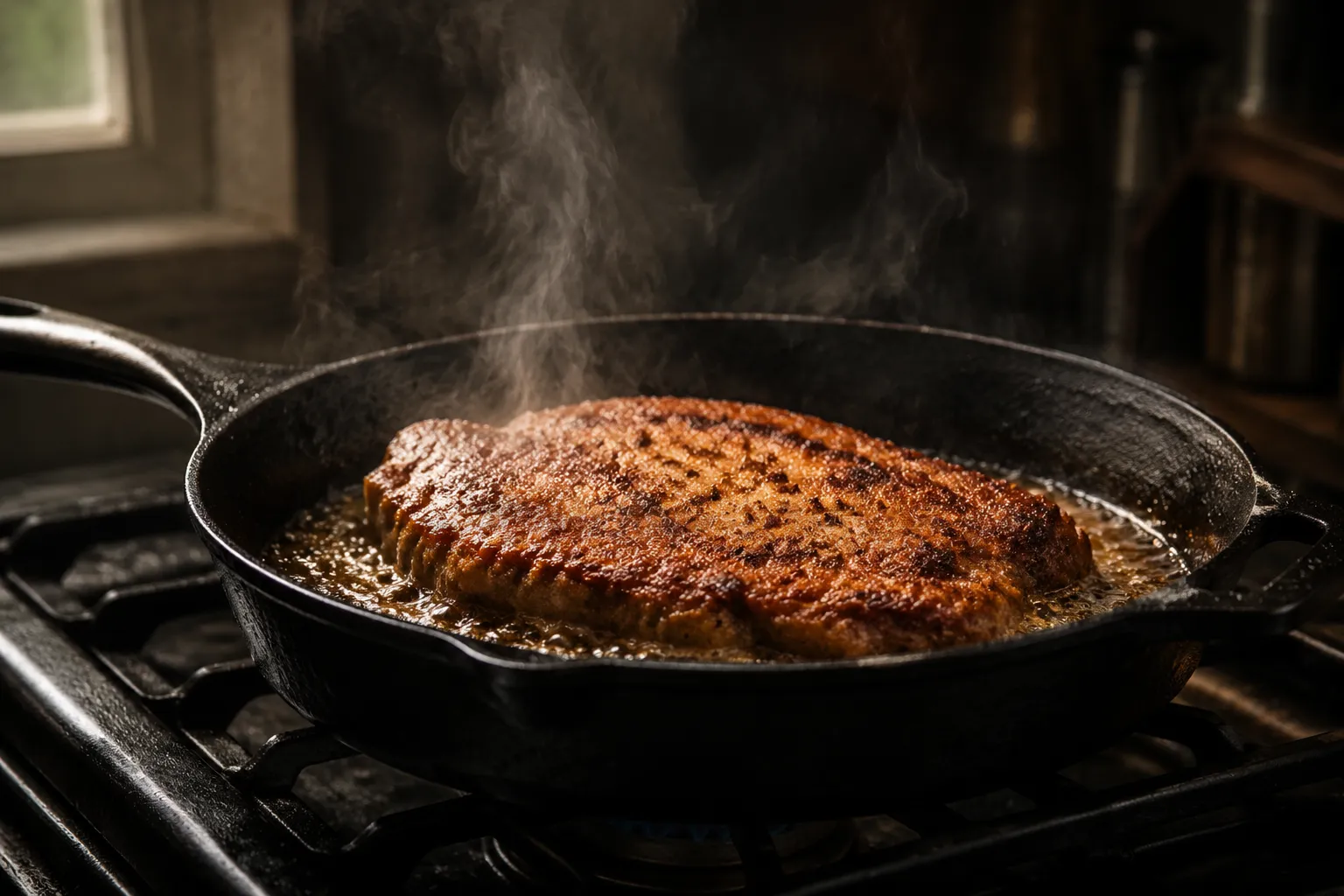 Country fried steak pan-frying in a cast-iron skillet until golden