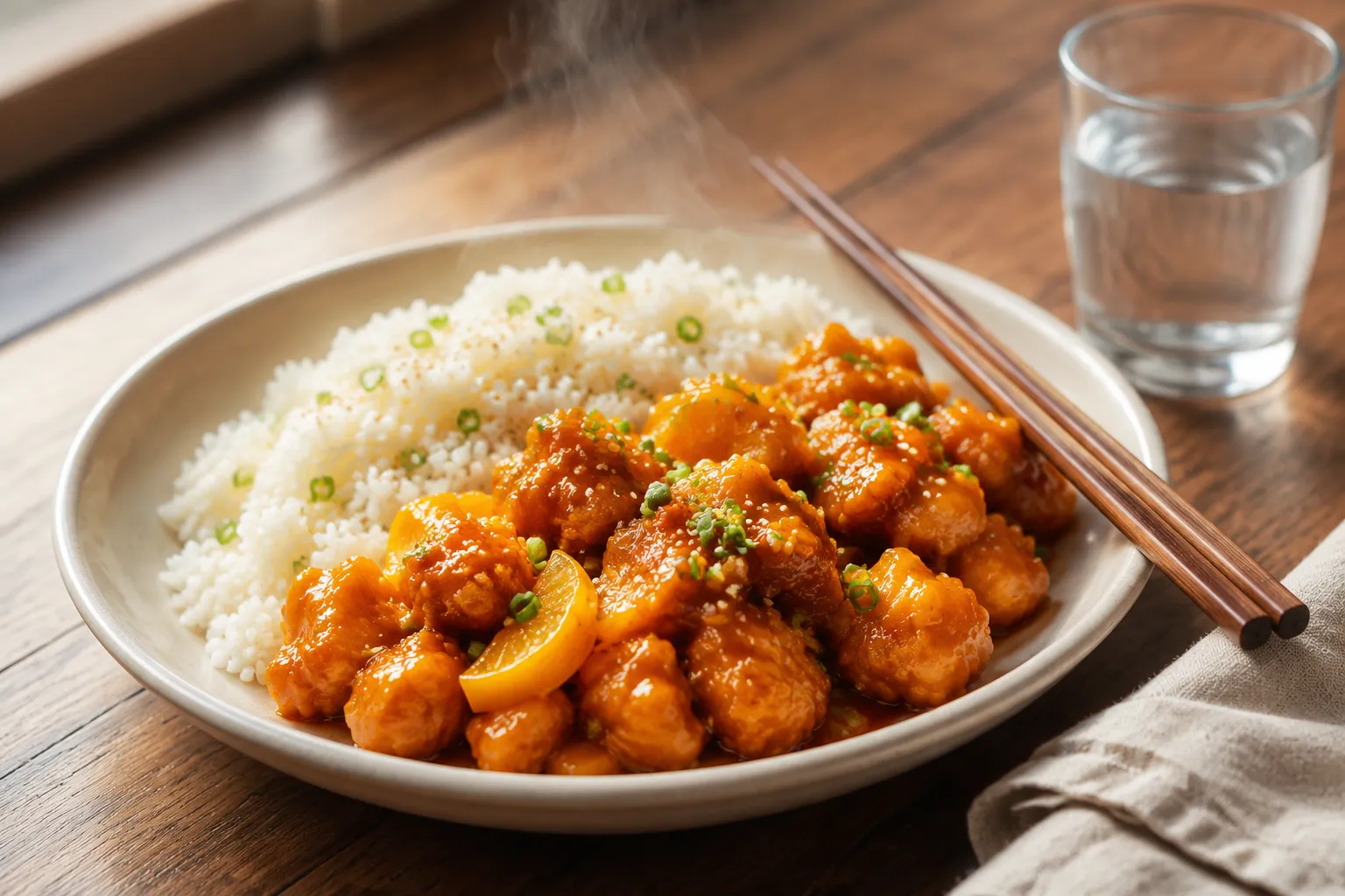 Reheated takeout plated on a microwave-safe ceramic dish ready to eat