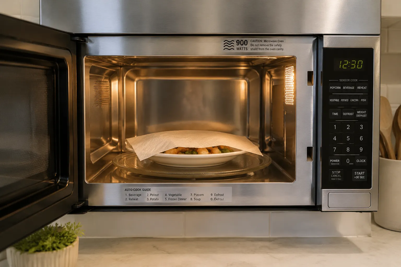 Plate of leftovers covered with paper towel placed in microwave to reheat safely
