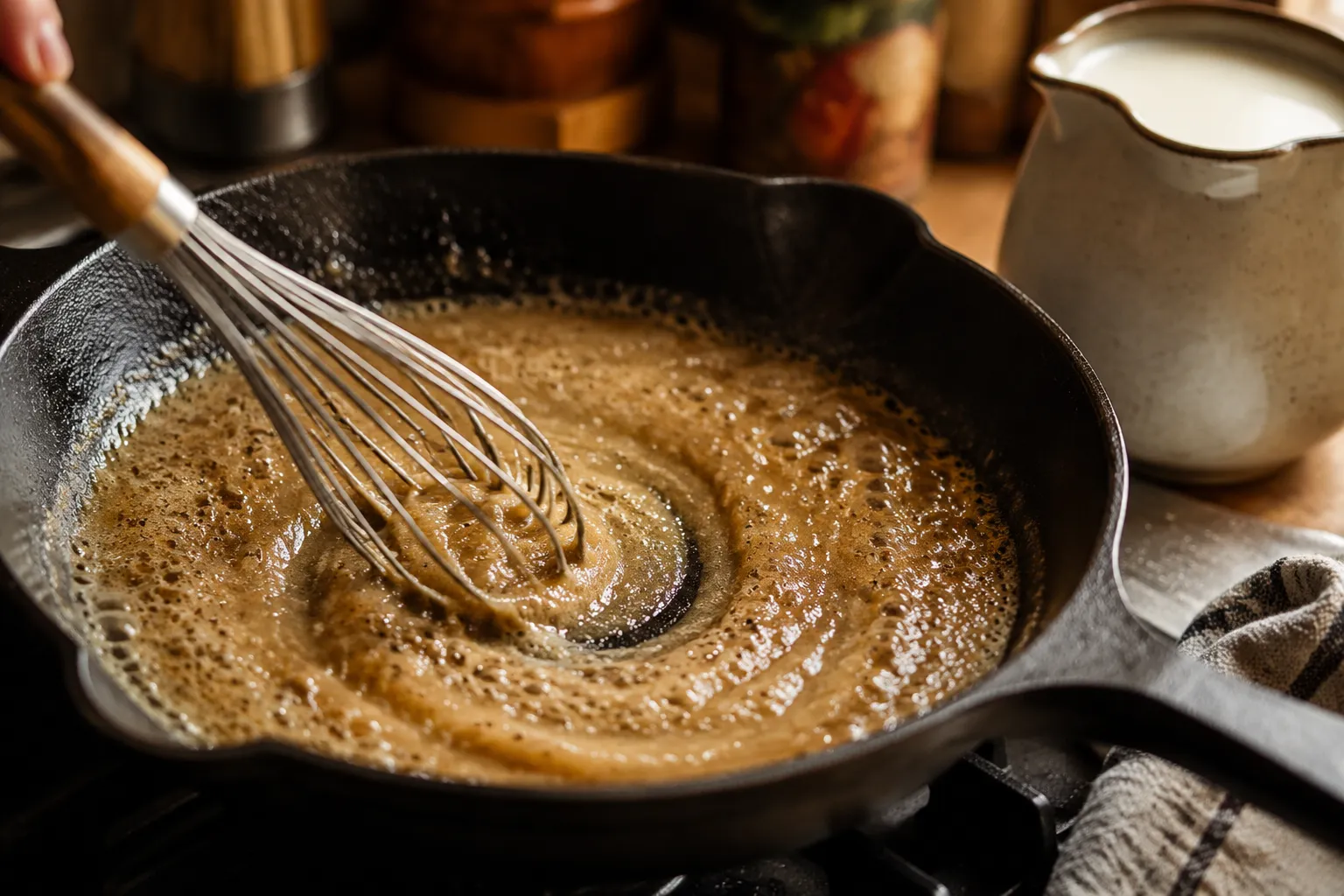 Making country gravy from pan drippings for fried steak