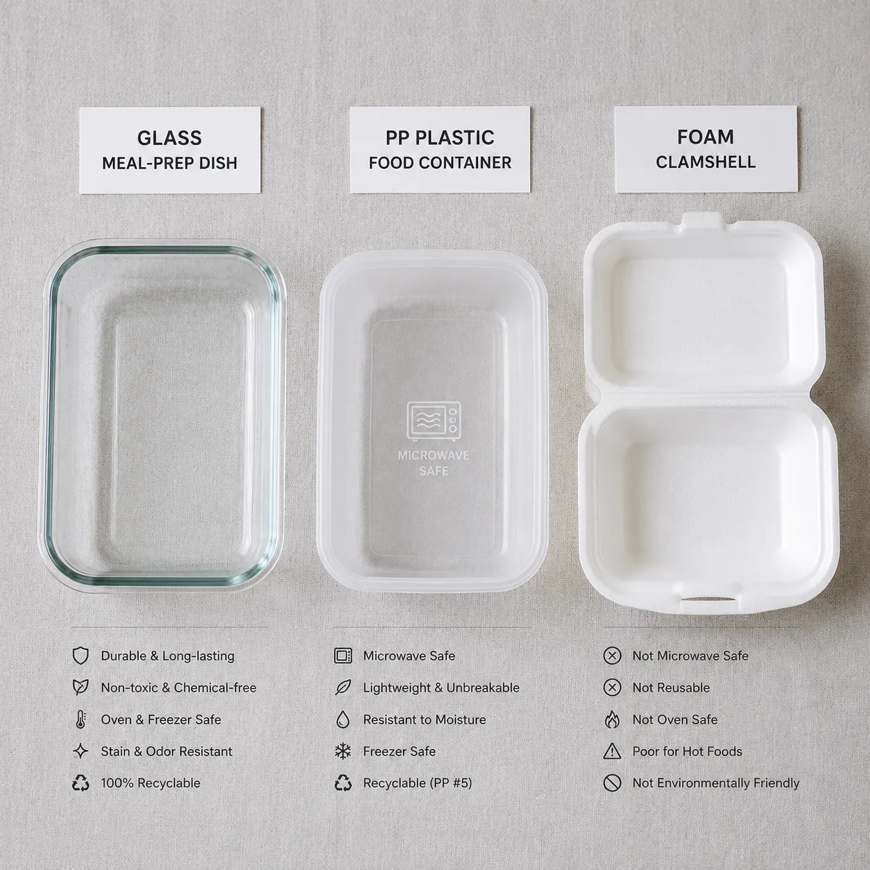 Comparison of glass, microwave-safe plastic, and foam takeout containers for microwave use
