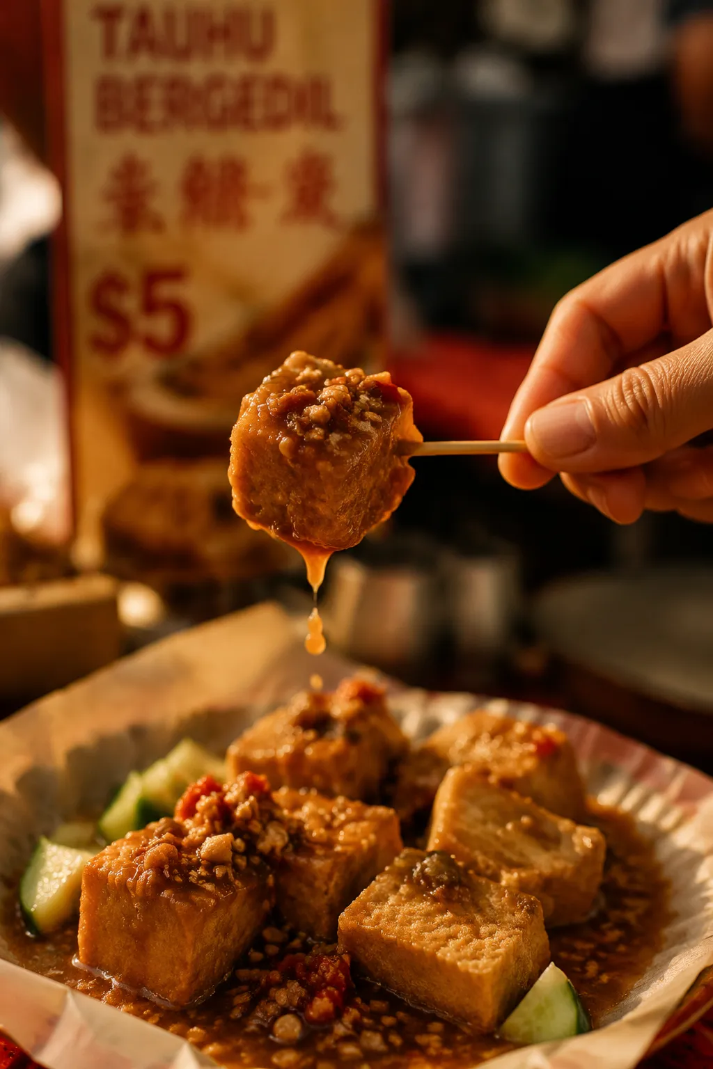 Serving crispy tauhu skewered and dipped in peanut sambal