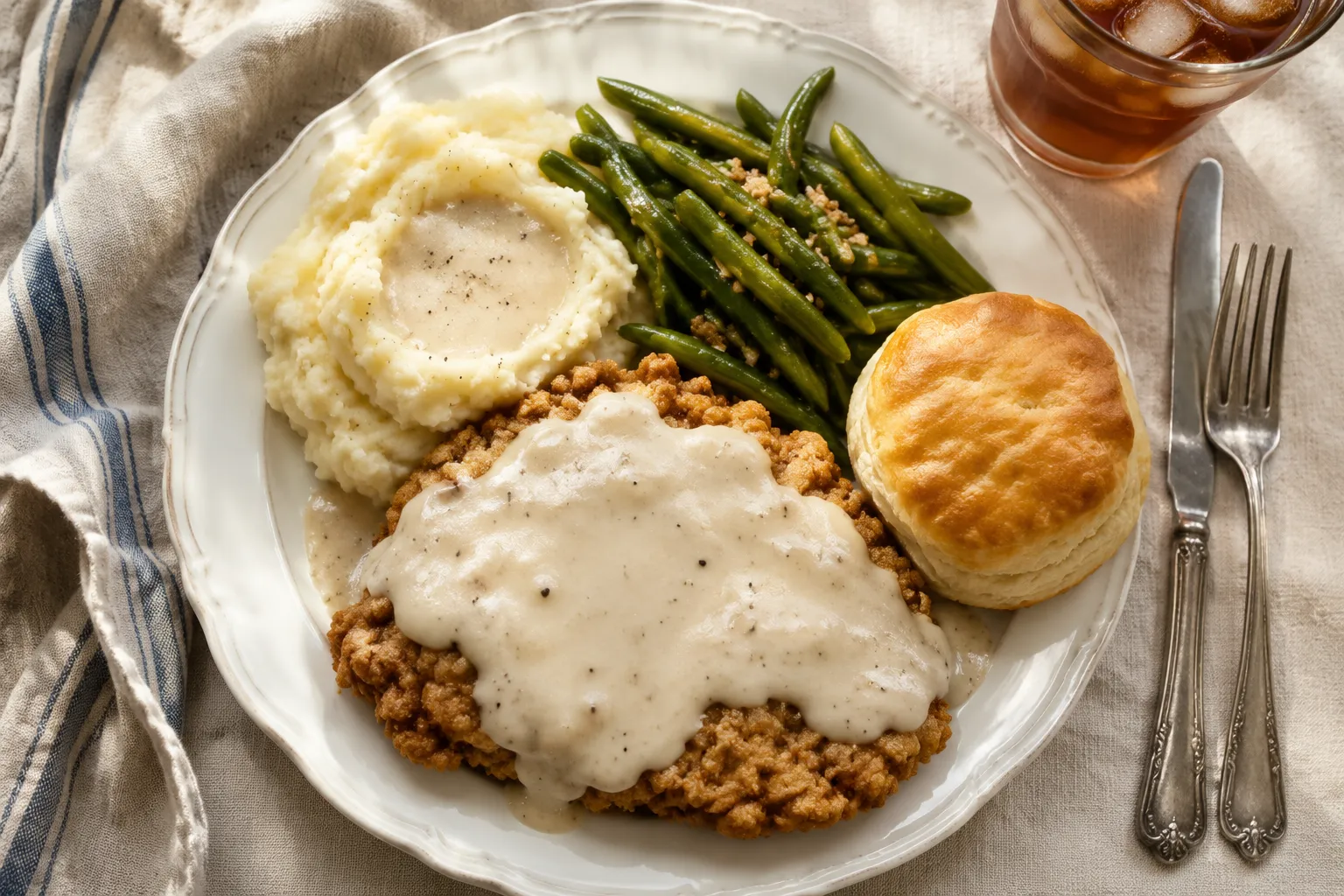 Plated country fried steak recipe with mashed potatoes and biscuits