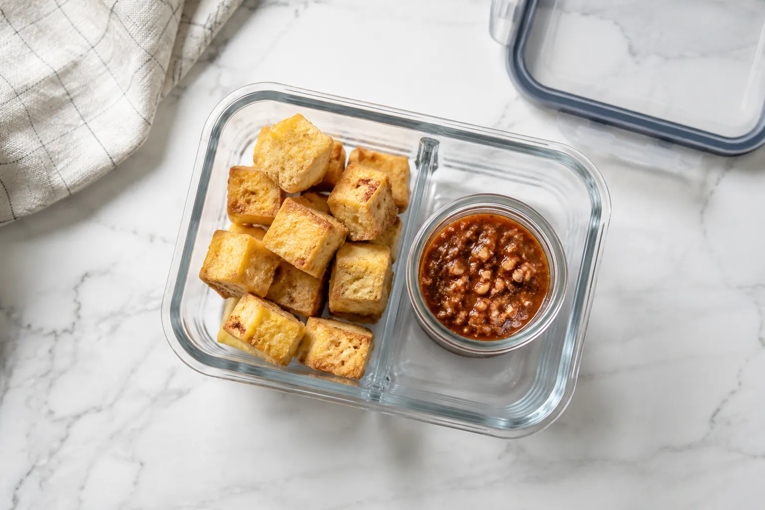 Storing leftover tauhu and peanut sauce in a glass container