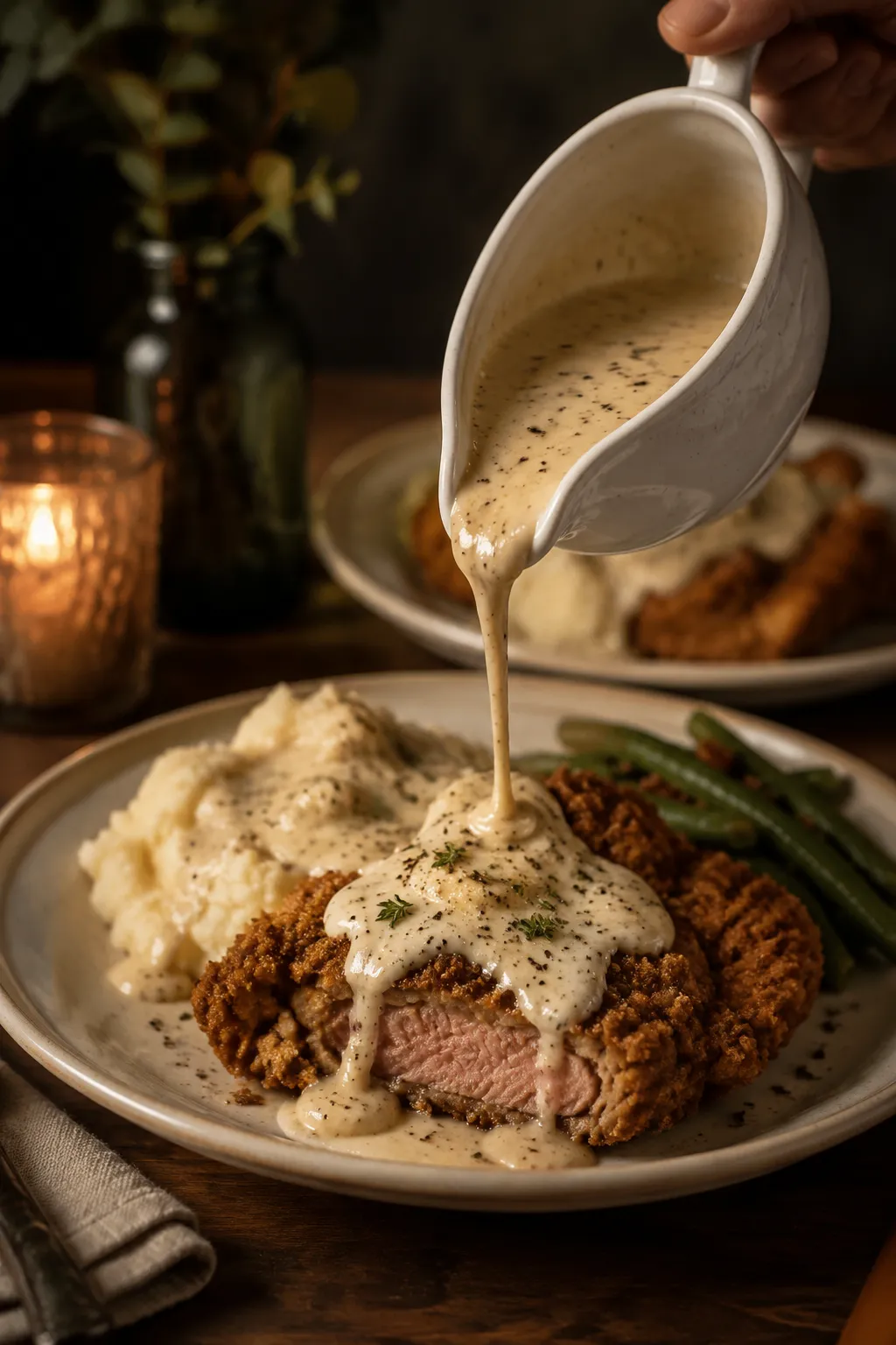 Pouring cream gravy over sliced country fried steak at the table