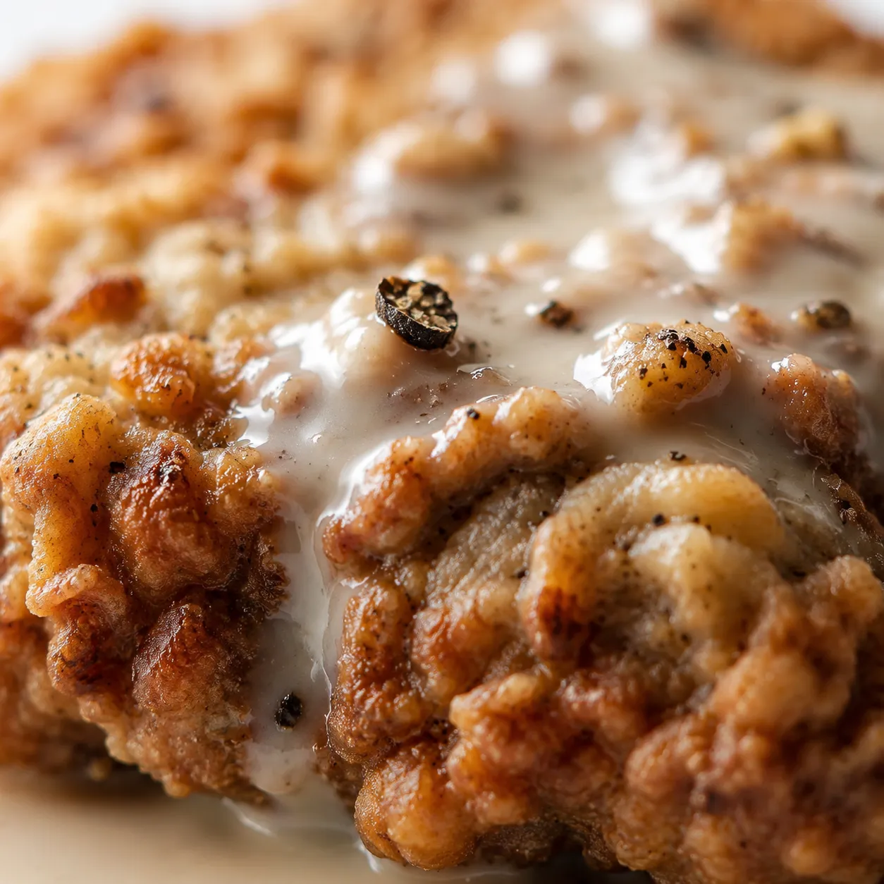 Close-up of crispy crust on country fried steak with cream gravy