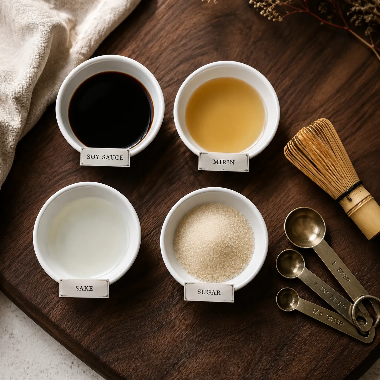 Four ingredients for homemade unagi sauce in small bowls