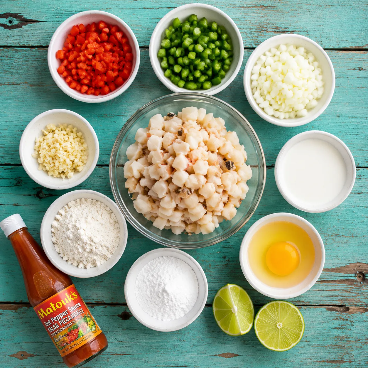 Conch fritters ingredients flatlay with conch meat, peppers, onion, lime, and flour