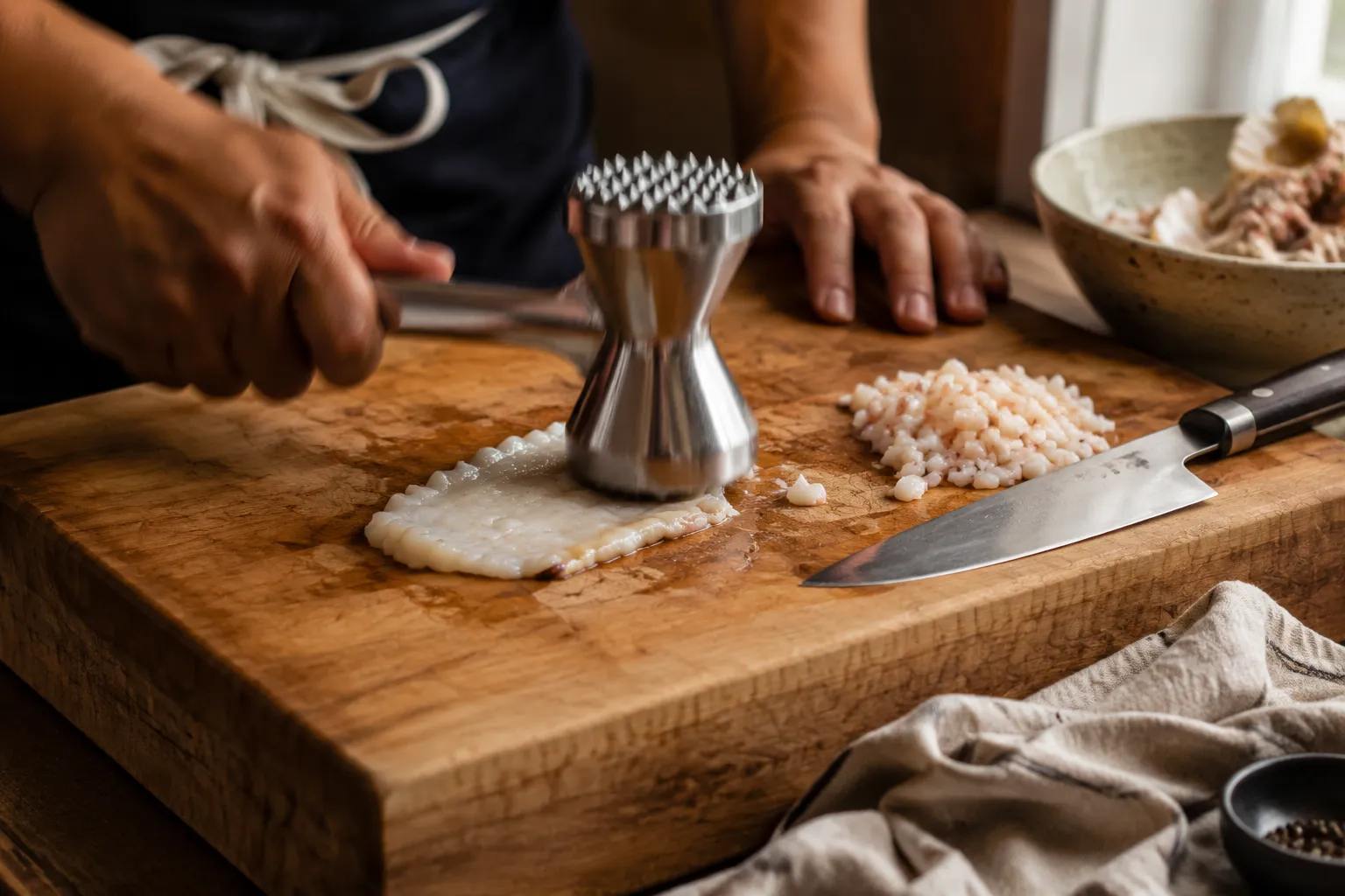 Tenderizing and dicing conch meat for Bahamian conch fritters