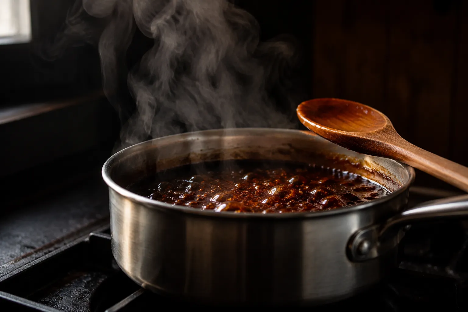 Unagi sauce simmering and reducing in a small saucepan