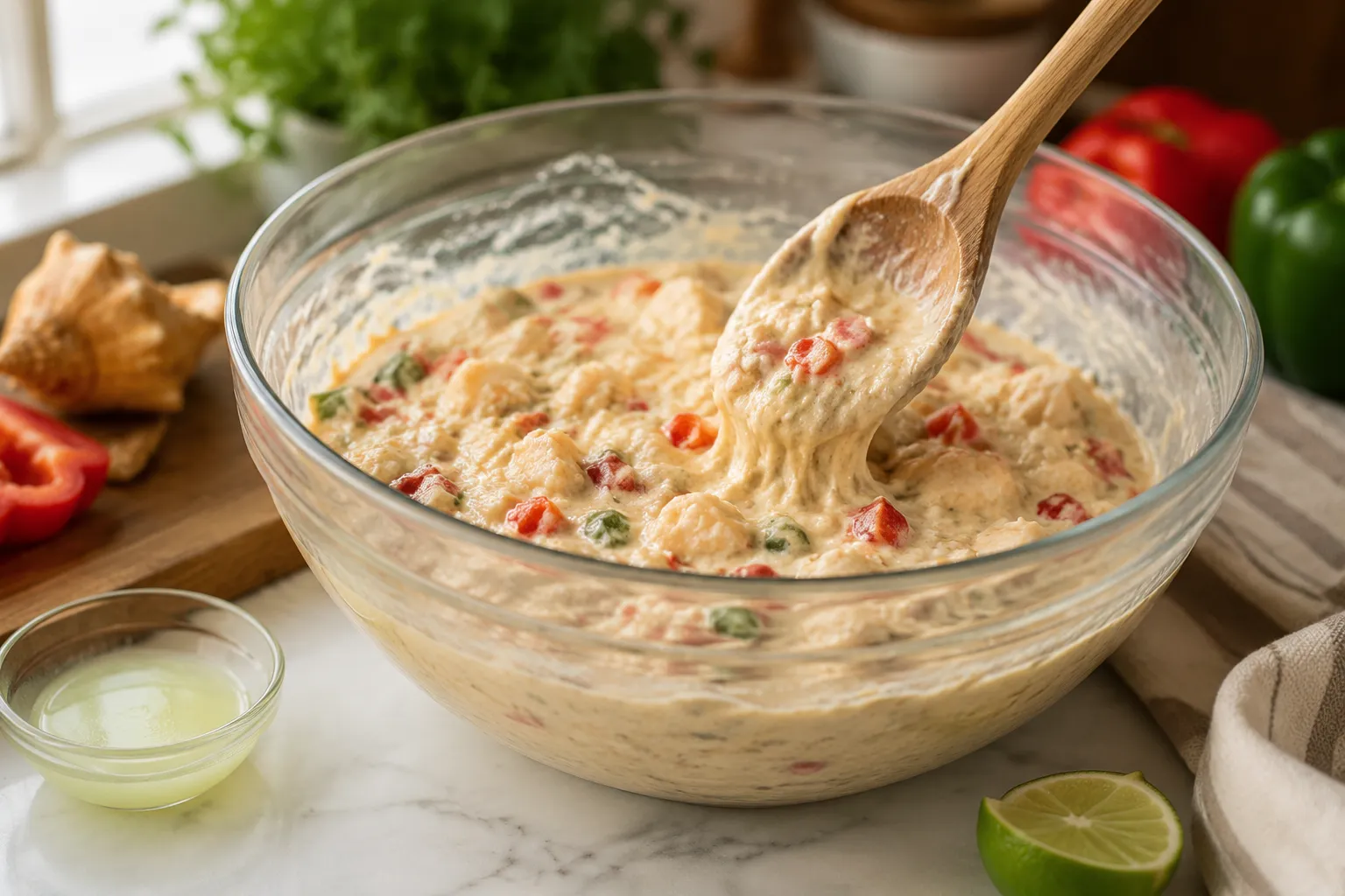 Mixing conch fritter batter with peppers, onion, and conch meat