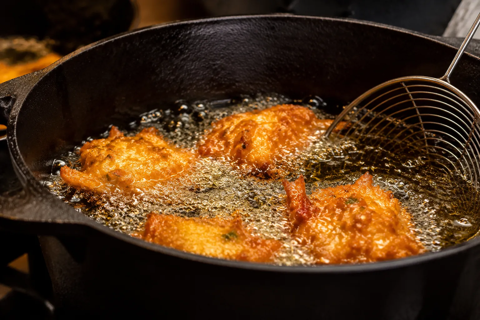 Frying conch fritters to golden brown in hot oil