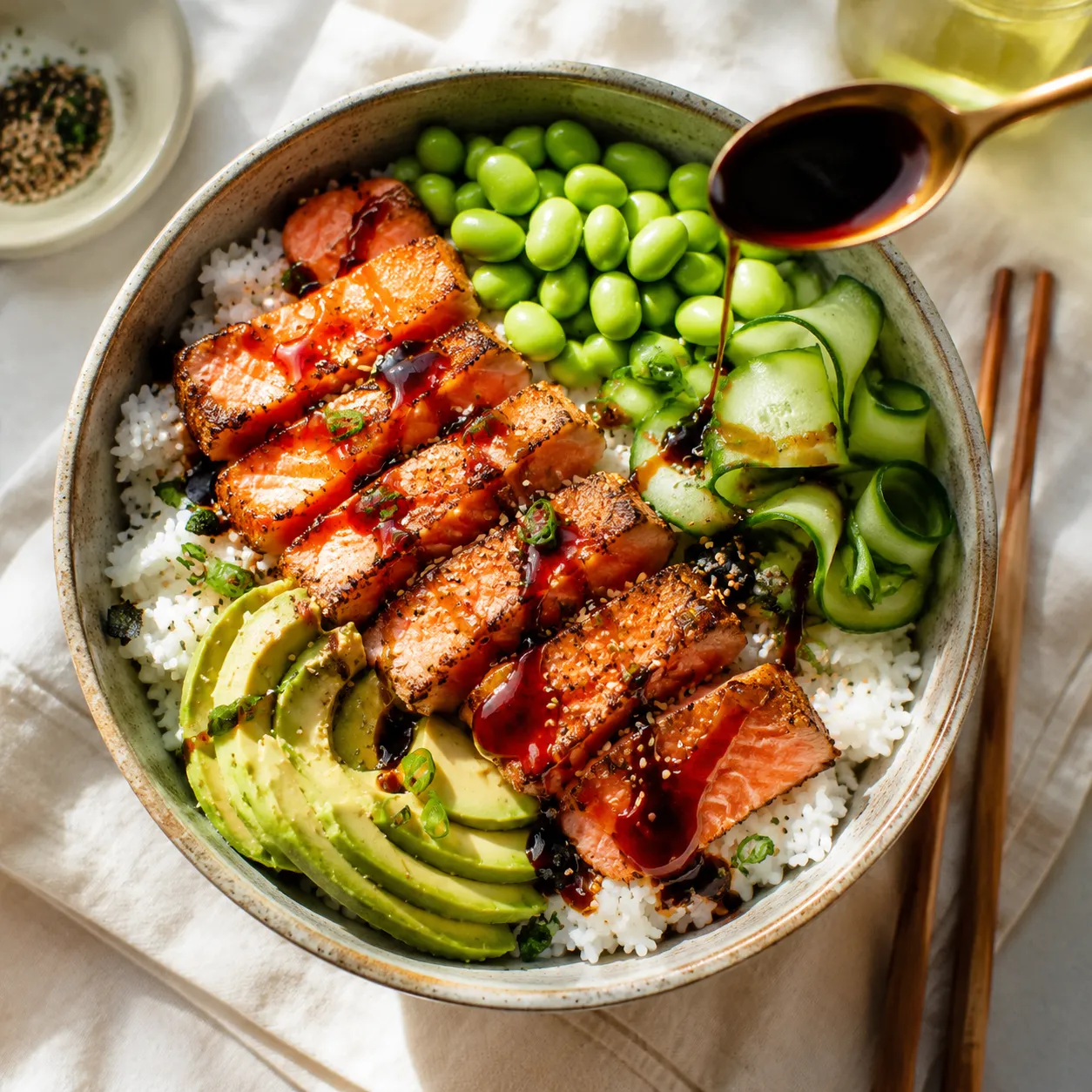 Unagi sauce drizzled over a salmon and avocado rice bowl