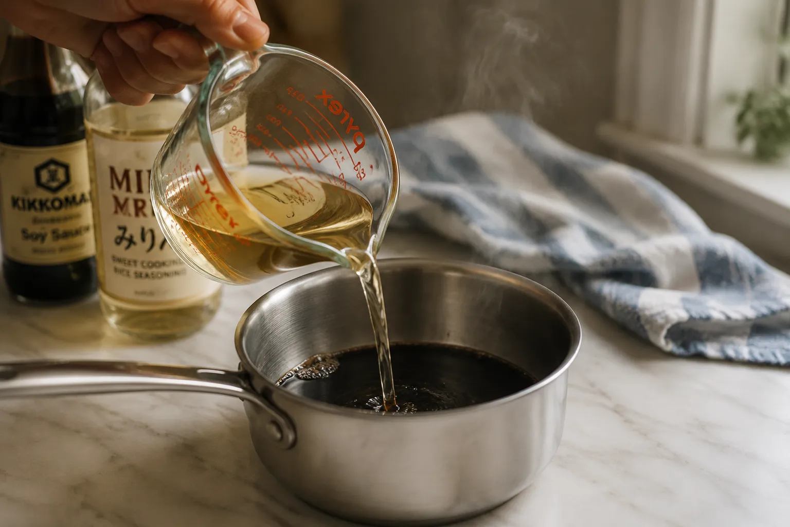 Pouring mirin into saucepan to make unagi sauce
