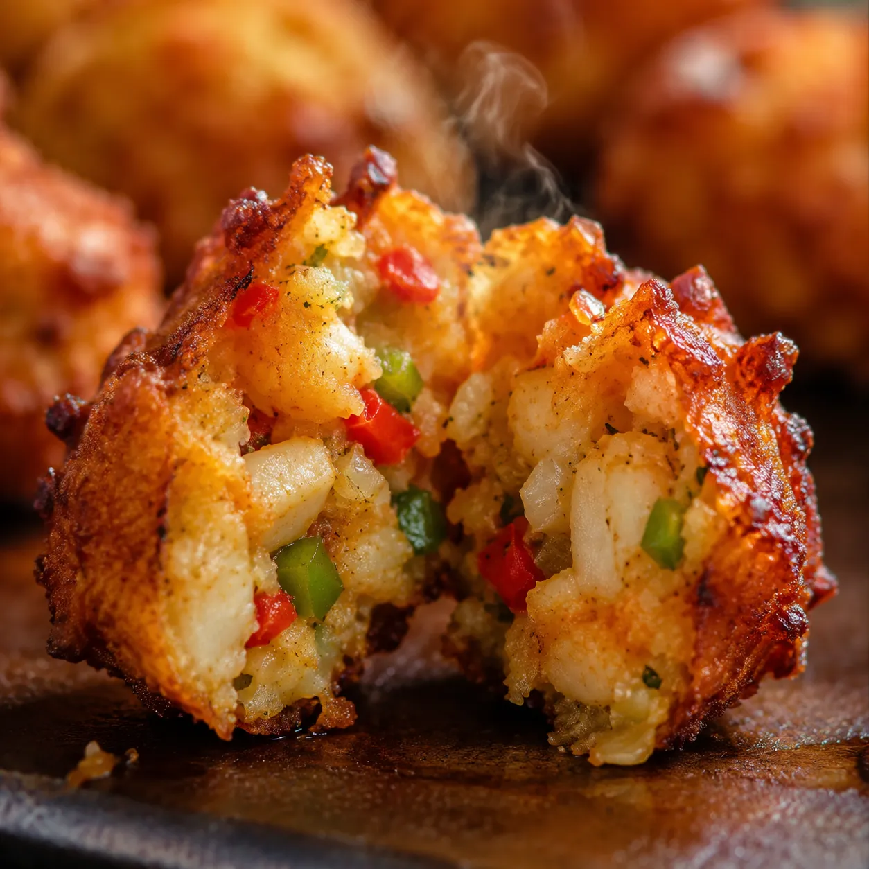 Inside texture of a crispy conch fritter showing tender conch and peppers