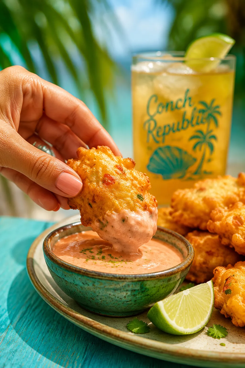 Dipping a conch fritter into key lime sauce, Caribbean appetizer style