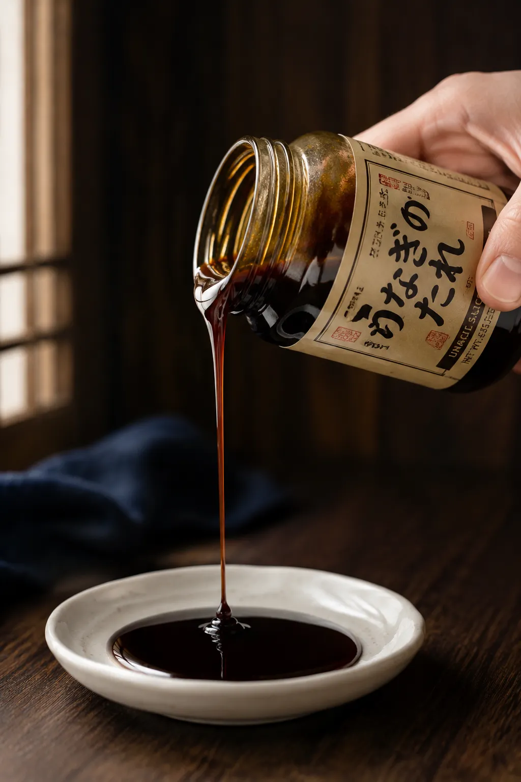 Thick syrupy unagi sauce pouring slowly from a glass jar