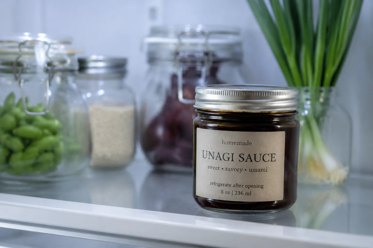 Homemade unagi sauce stored in a mason jar in the refrigerator