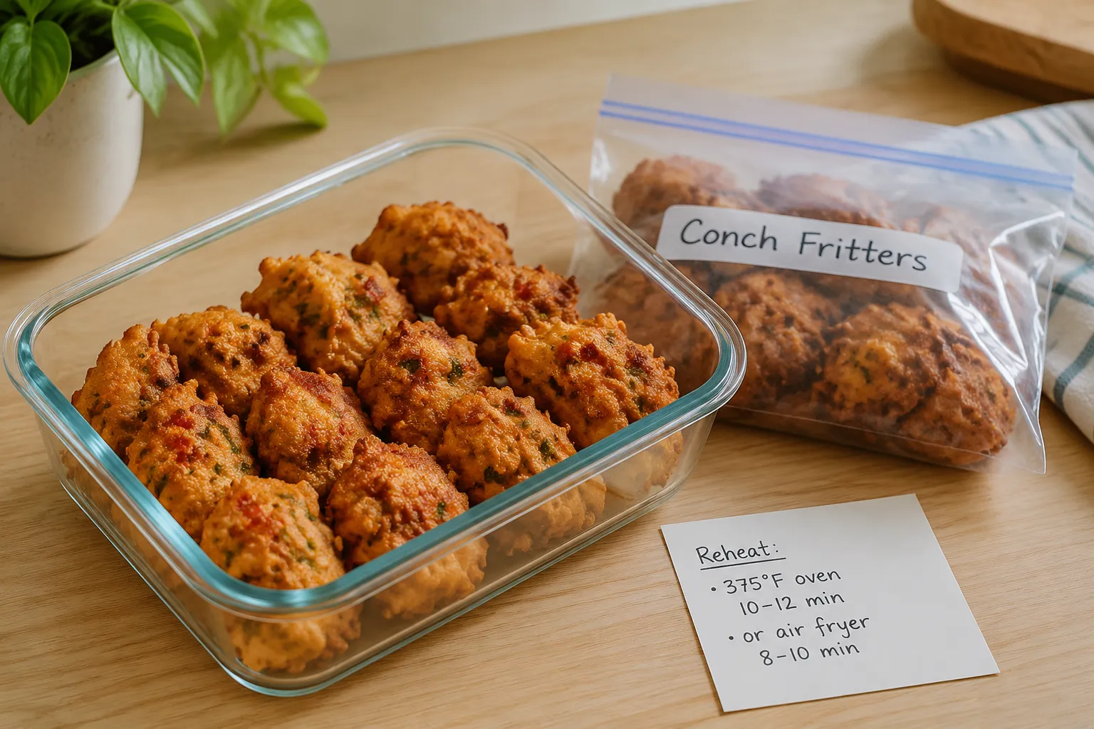 Storing leftover conch fritters in a glass container for the fridge or freezer