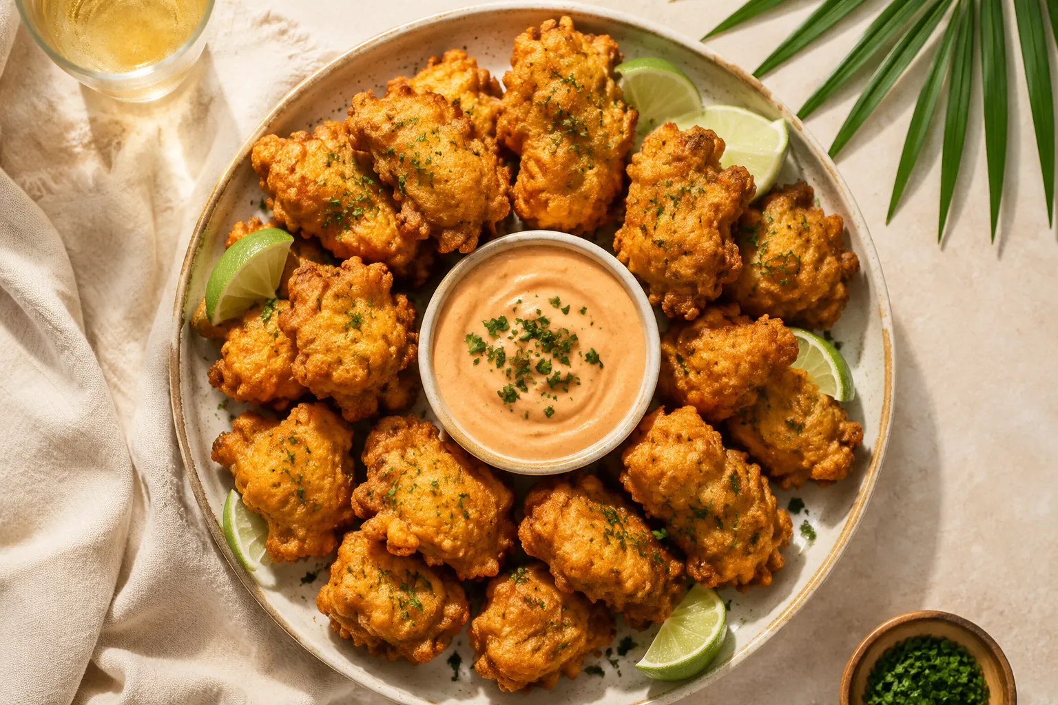 Plated Bahamian conch fritters with pink dipping sauce and lime