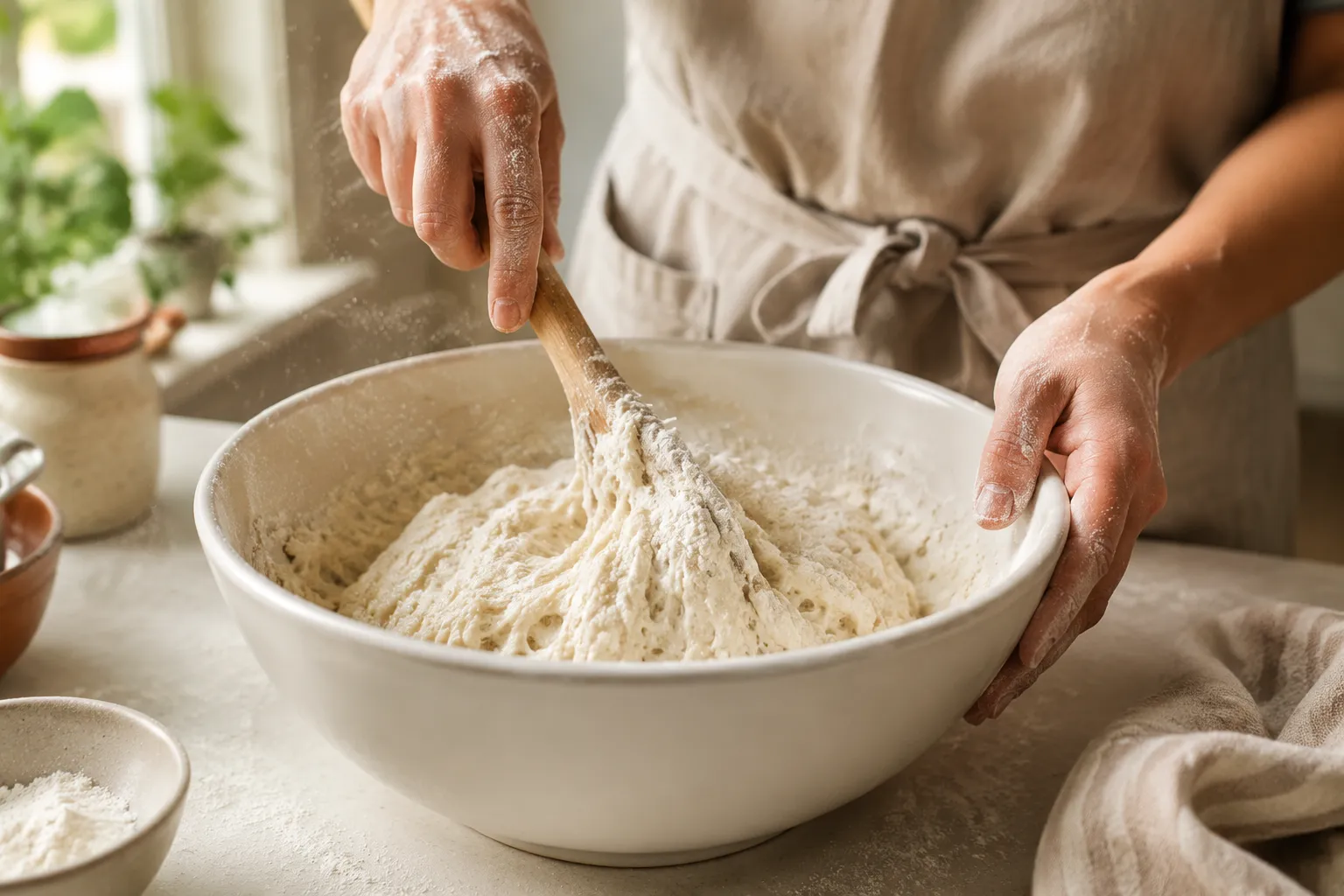 Mixing no-knead Dutch oven bread dough in a ceramic bowl
