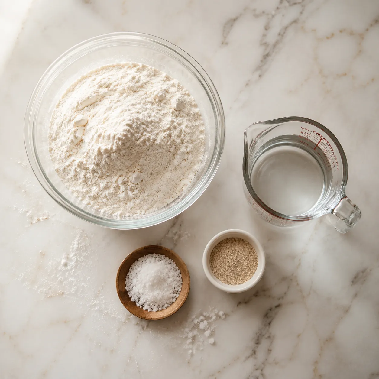 Dutch oven bread ingredients flatlay with flour, yeast, salt, and water