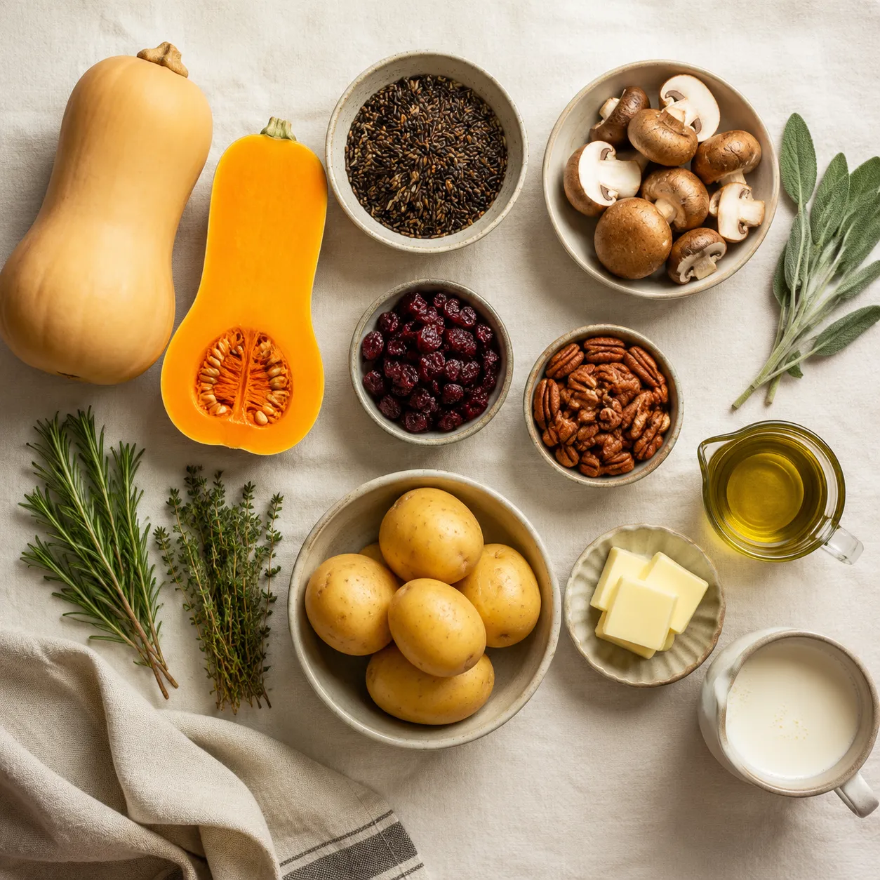 Vegan Thanksgiving recipe ingredients flatlay with squash, wild rice, mushrooms, and herbs