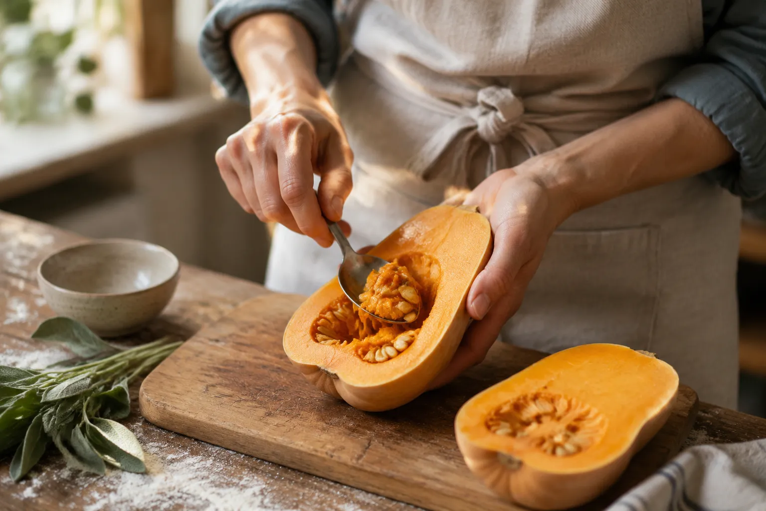 Preparing butternut squash for vegan Thanksgiving stuffed squash recipe