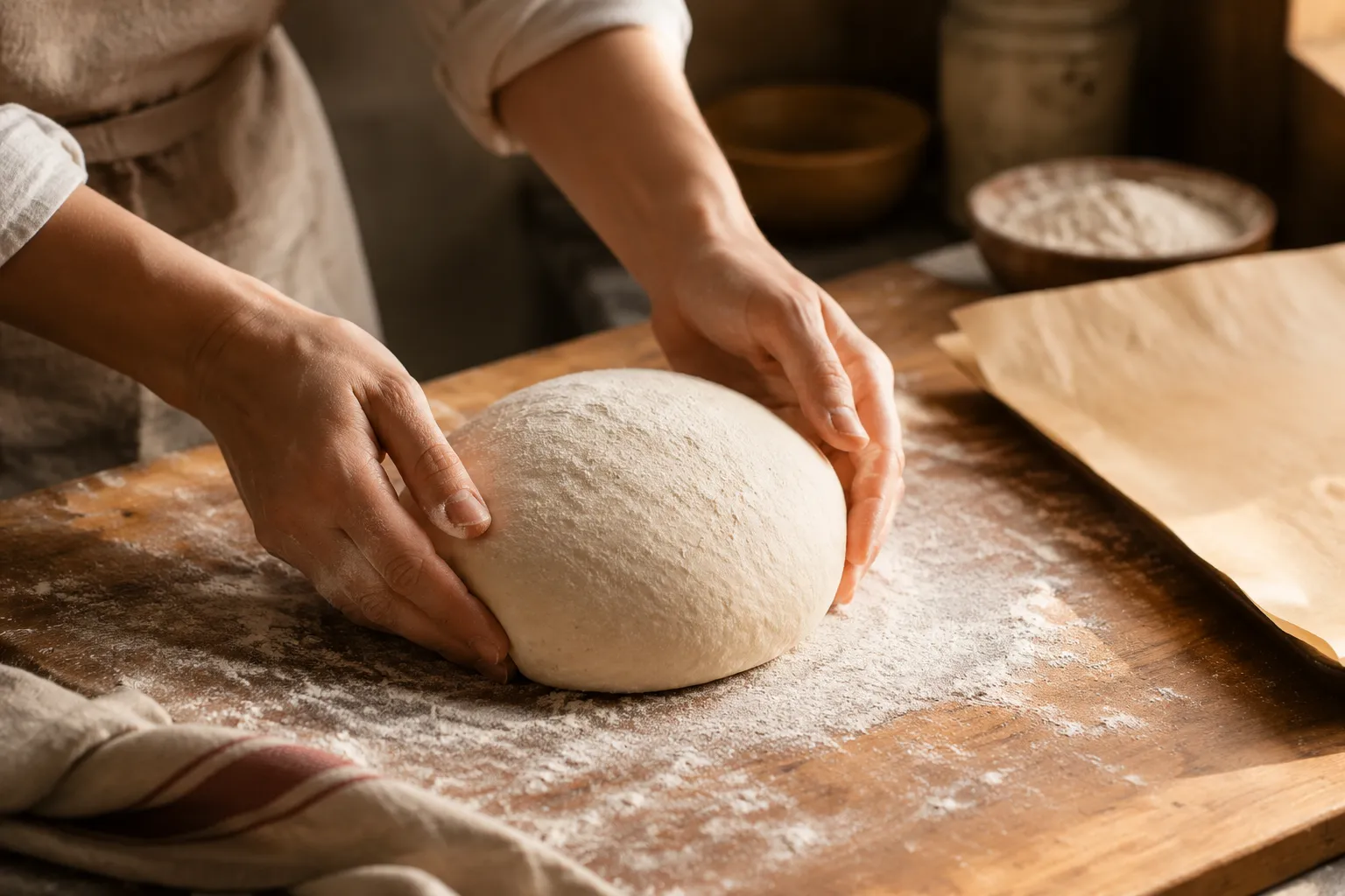 Shaping Dutch oven bread dough into a round boule on floured surface