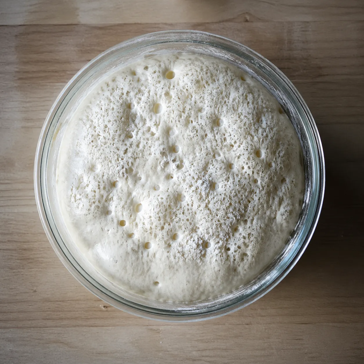 Bubbly fermented Dutch oven bread dough after overnight rise