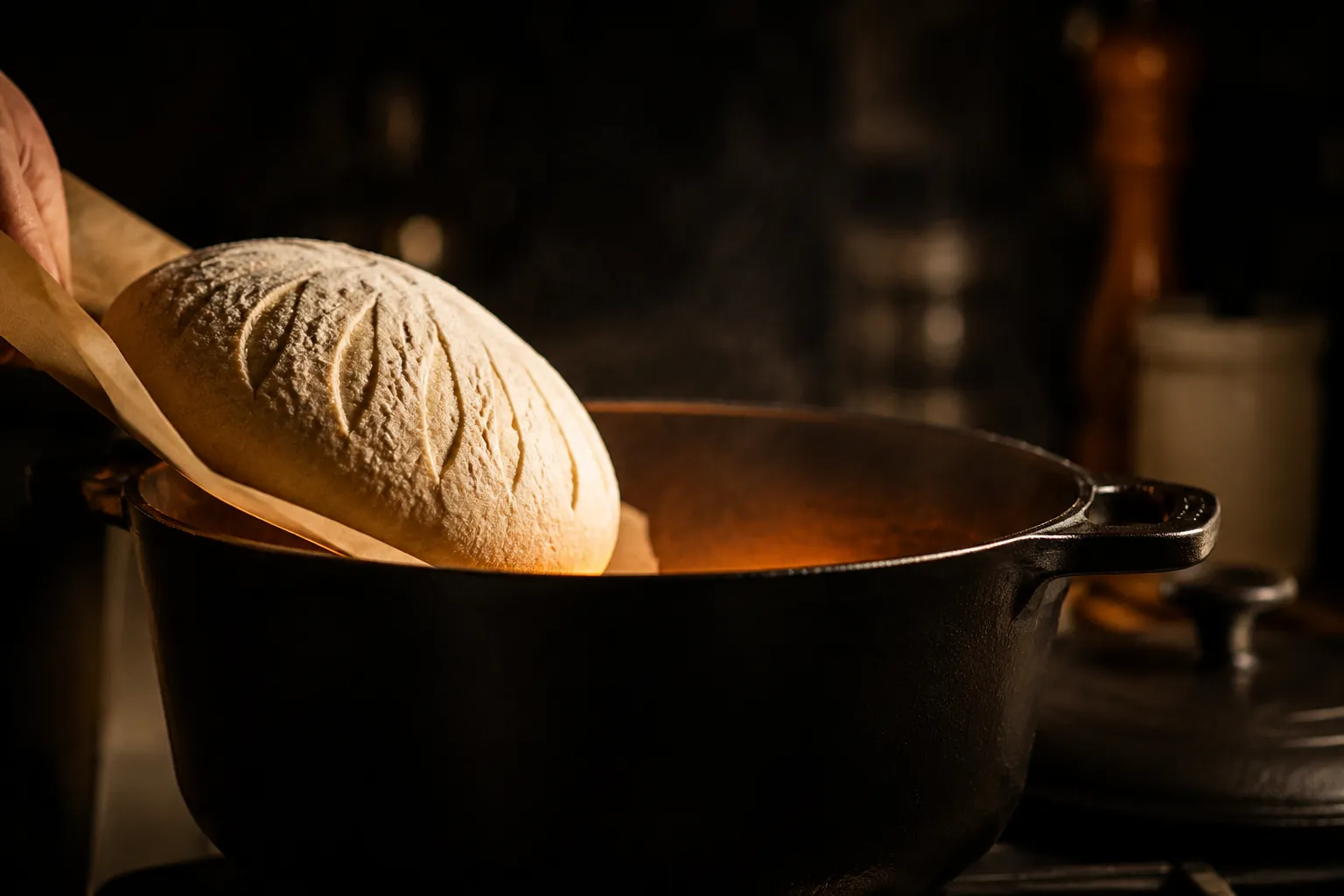 Scored Dutch oven bread dough lowered into preheated cast iron pot