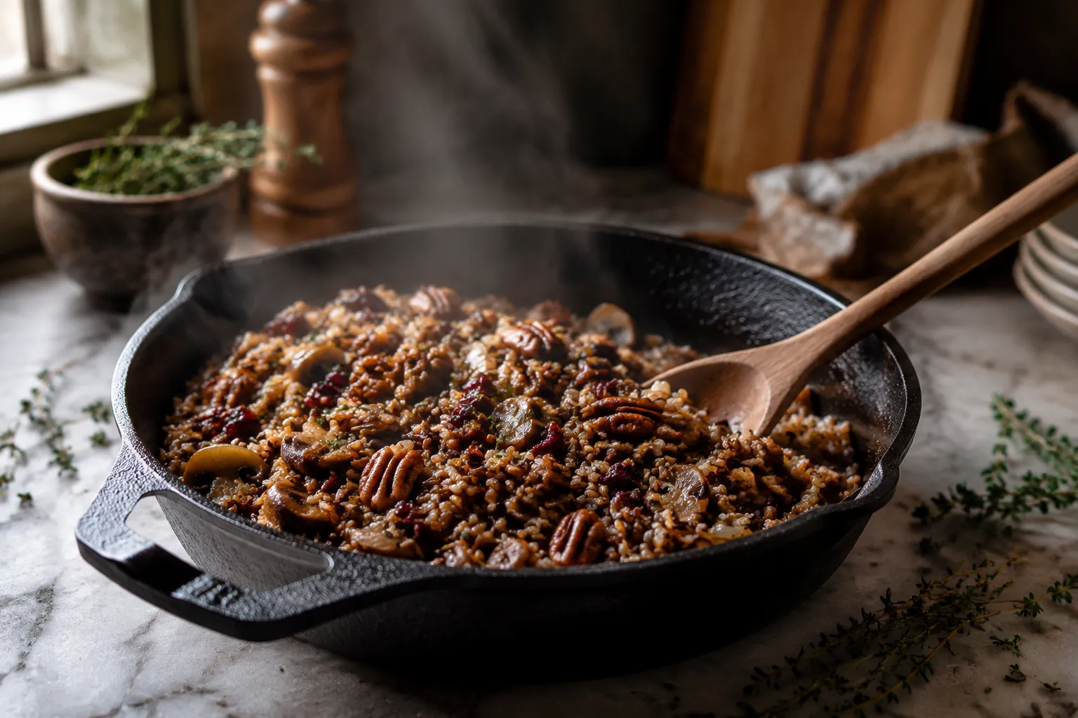 Wild rice and mushroom stuffing for vegan Thanksgiving main dish