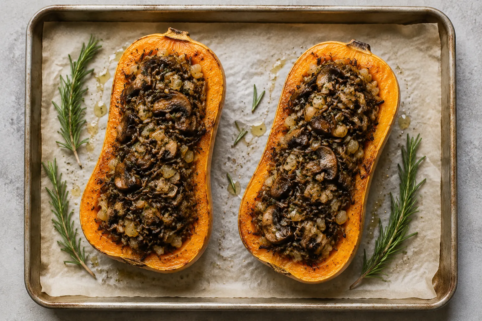 Stuffed butternut squash on a sheet pan for vegan Thanksgiving dinner