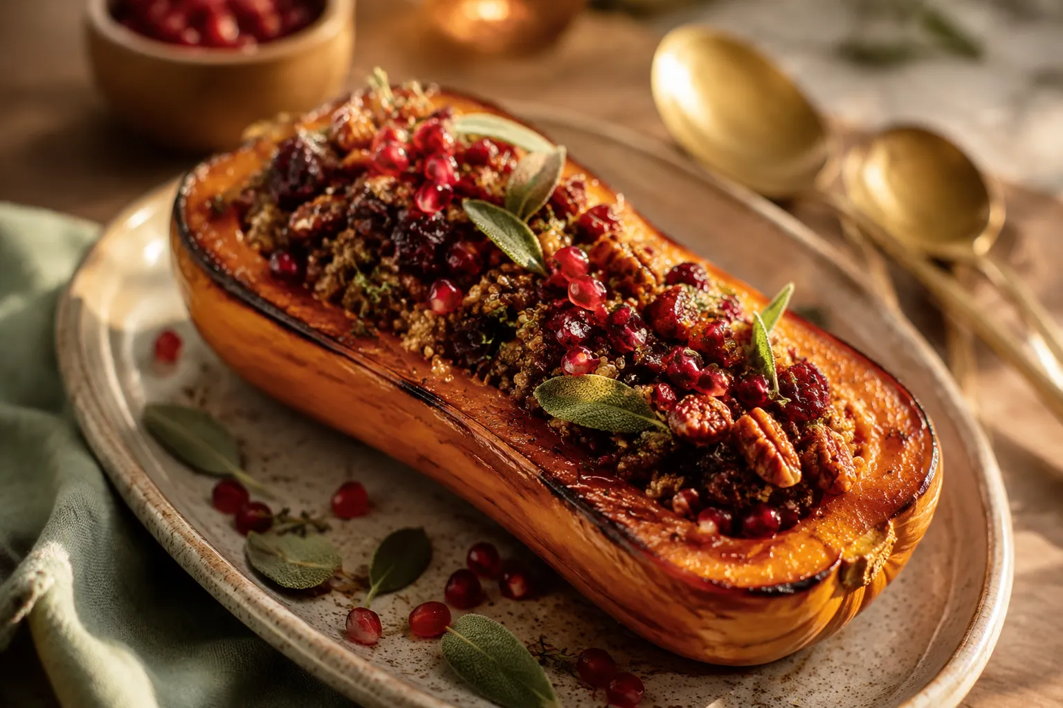 Vegan Thanksgiving stuffed butternut squash main dish on a platter
