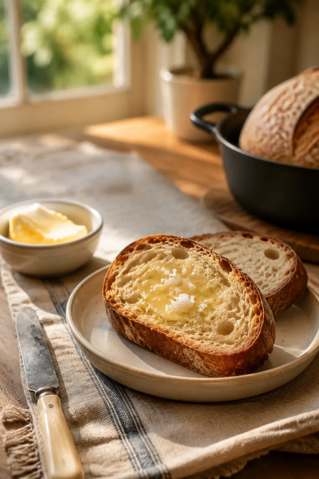 Sliced Dutch oven bread served with butter and flaky sea salt